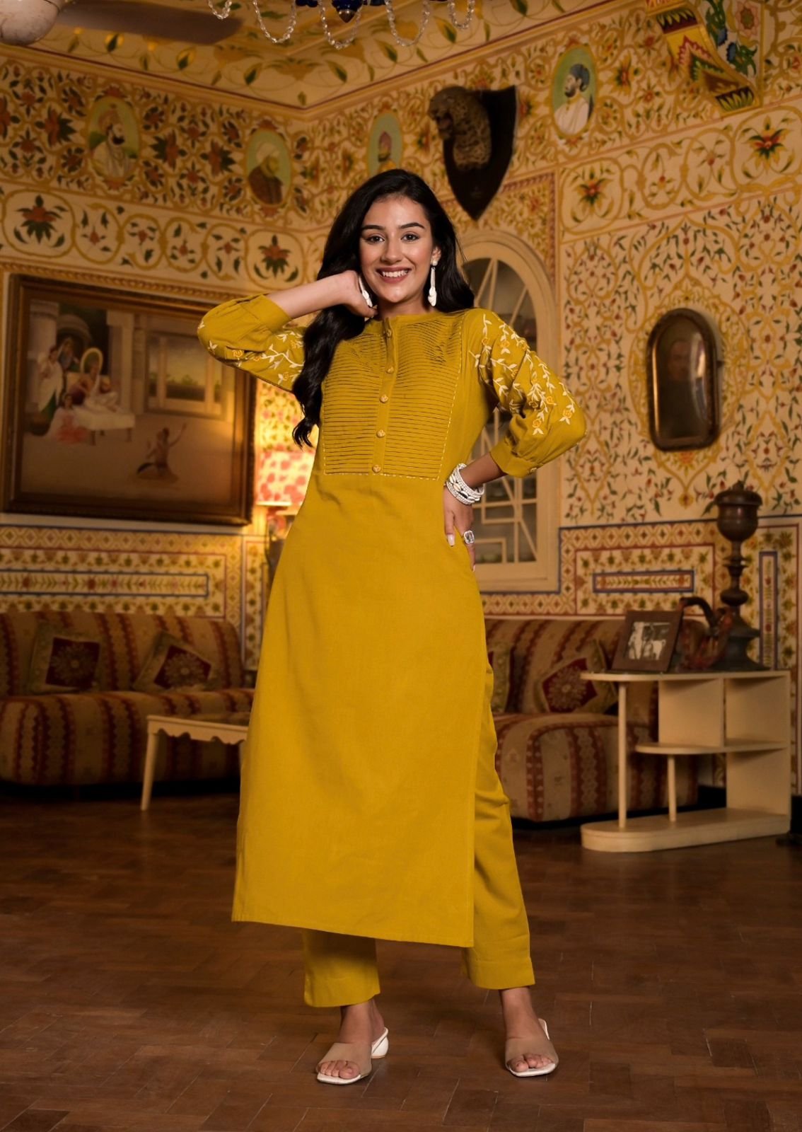 Yellow  Kurti Pant Set with Embroidery & Pintex Detailing